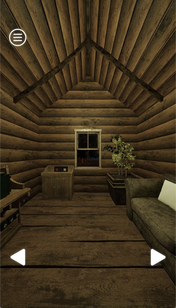 木造の小屋を探索するゲーム画面